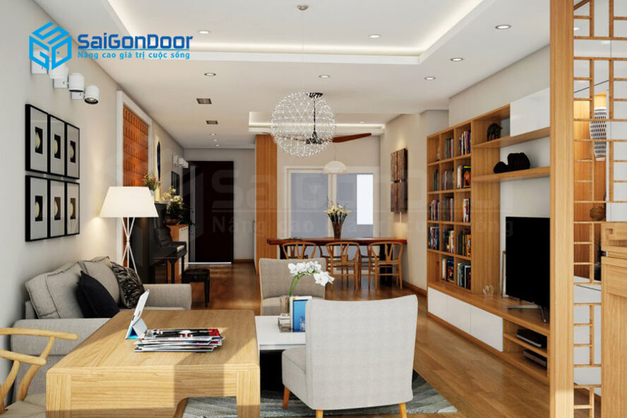 Cửa và nội thất căn nhà được sử dụng bằng gỗ công nghiệp sang trọng và hiện đại